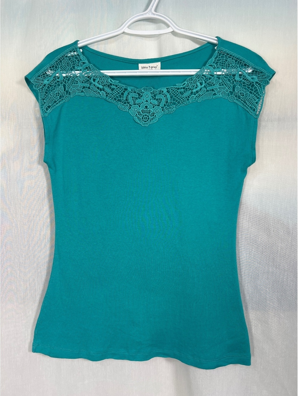 Bleu Gray Lace Detail Turquoise Cotton Top Women's Medium